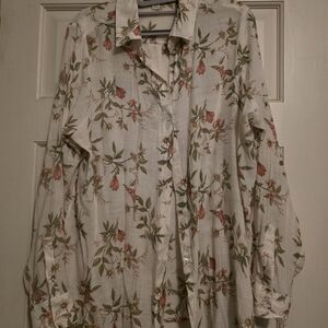 Lightweight Floral Button-Up Shirt — White with Pink & Green Print